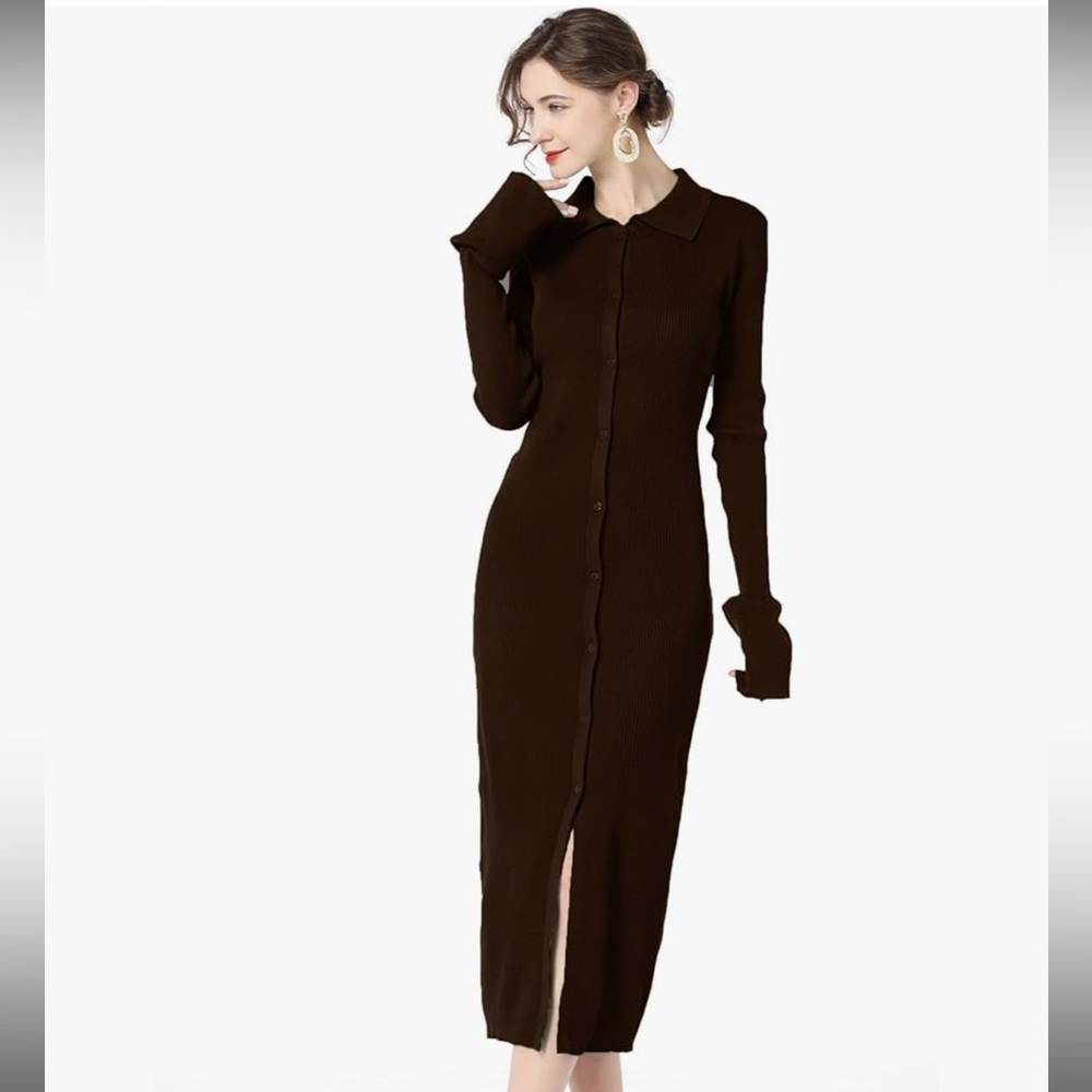 Brown Long Sleeve Knit Dress Button Down Cardigan Sweater Ribbed Bodycon Maxi